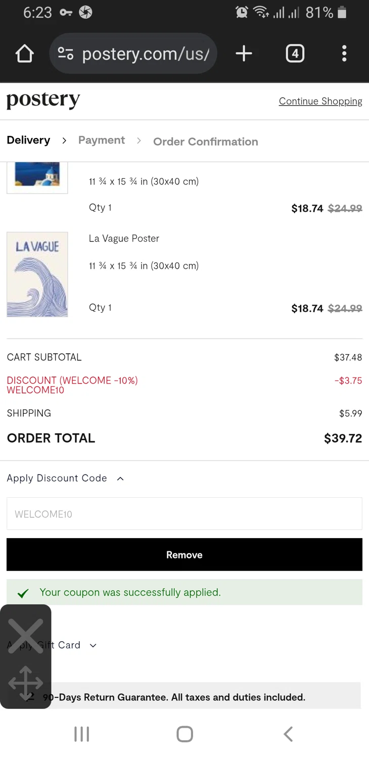 Postery discount code screenshot showing code WELCOME10 applied at Postery checkout page. Uploaded by SimplyCodes community member TreasureLynx6841 on Apr 6, 2025