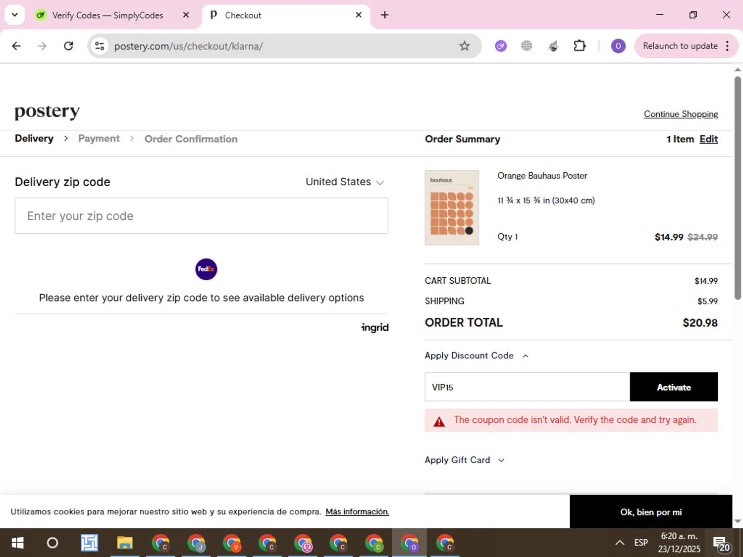 Postery discount code screenshot showing code VIP15 applied at Postery checkout page. Uploaded by SimplyCodes community member CleverLynx8245 on Dec 23, 2025