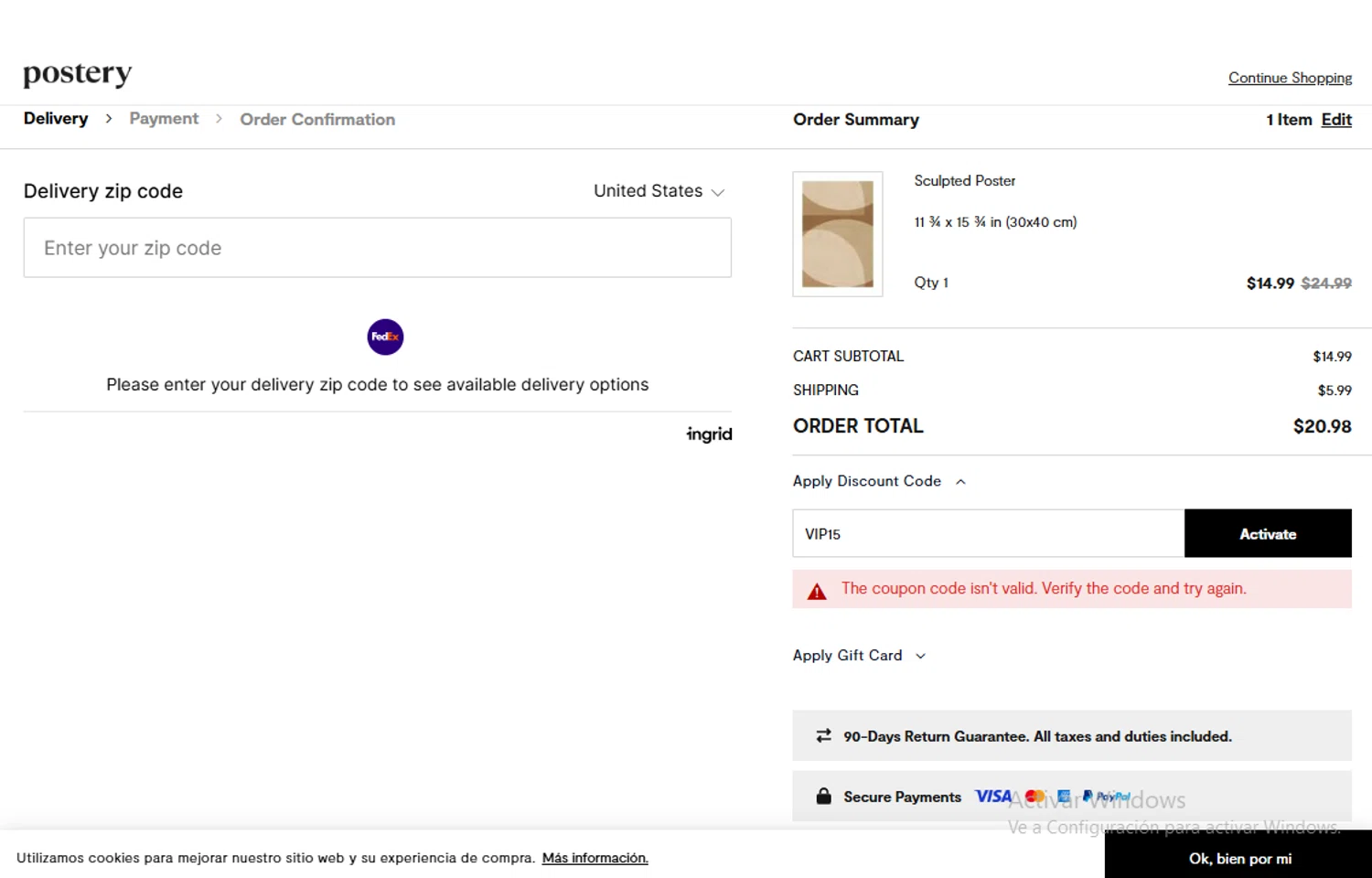 Postery discount code screenshot showing code VIP15 applied at Postery checkout page. Uploaded by SimplyCodes community member Gary_23 on Dec 23, 2025