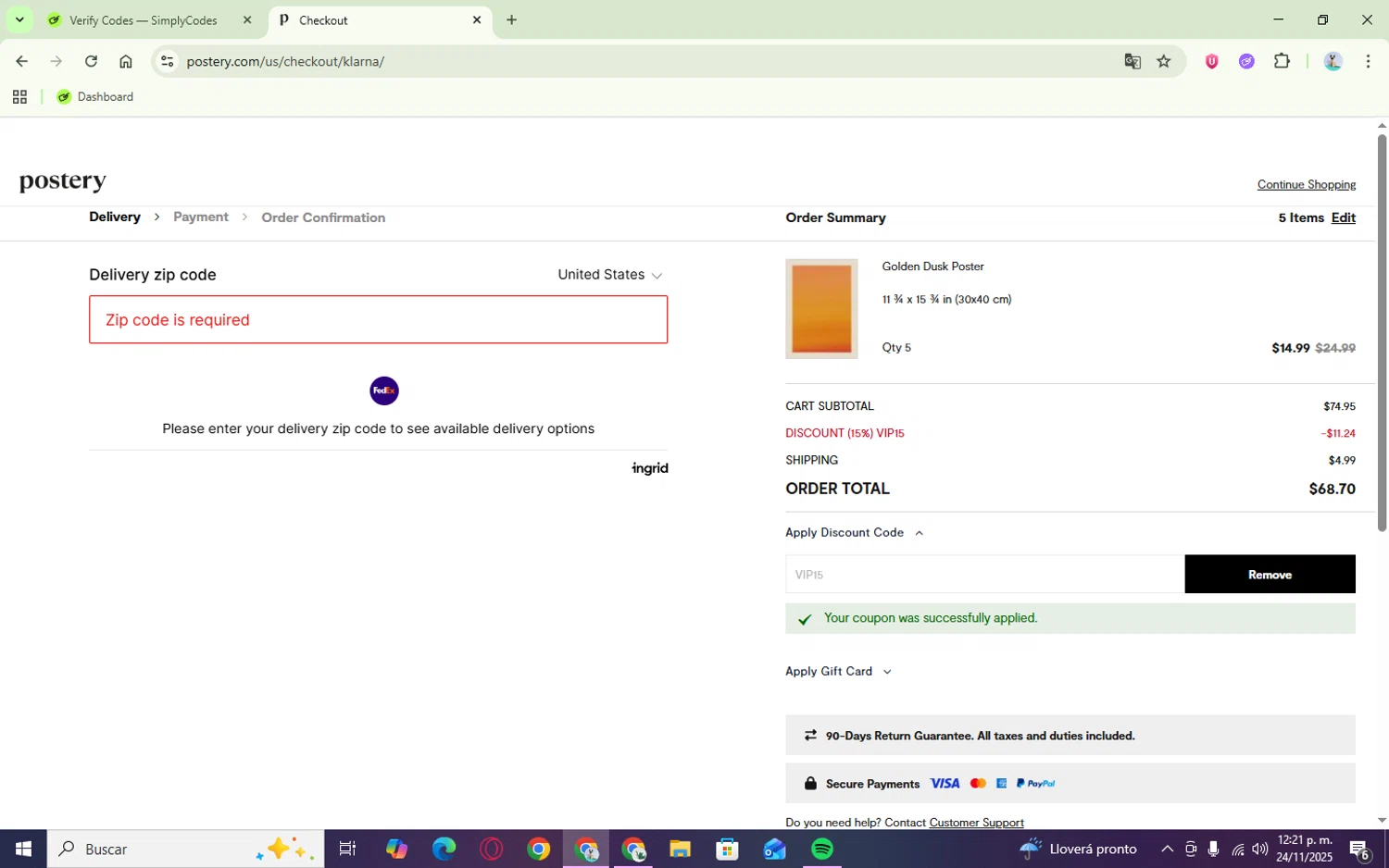 Postery checkout page showing Postery discount code box | Screenshot taken by SimplyCodes community member on Nov 24, 2025