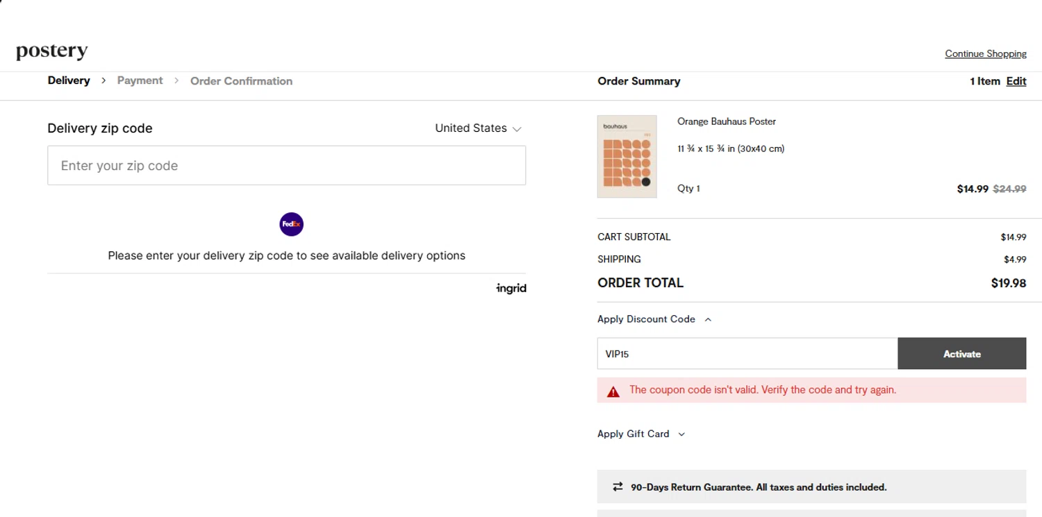 Postery discount code screenshot showing code VIP15 applied at Postery checkout page. Uploaded by SimplyCodes community member holasfosi on Dec 23, 2025