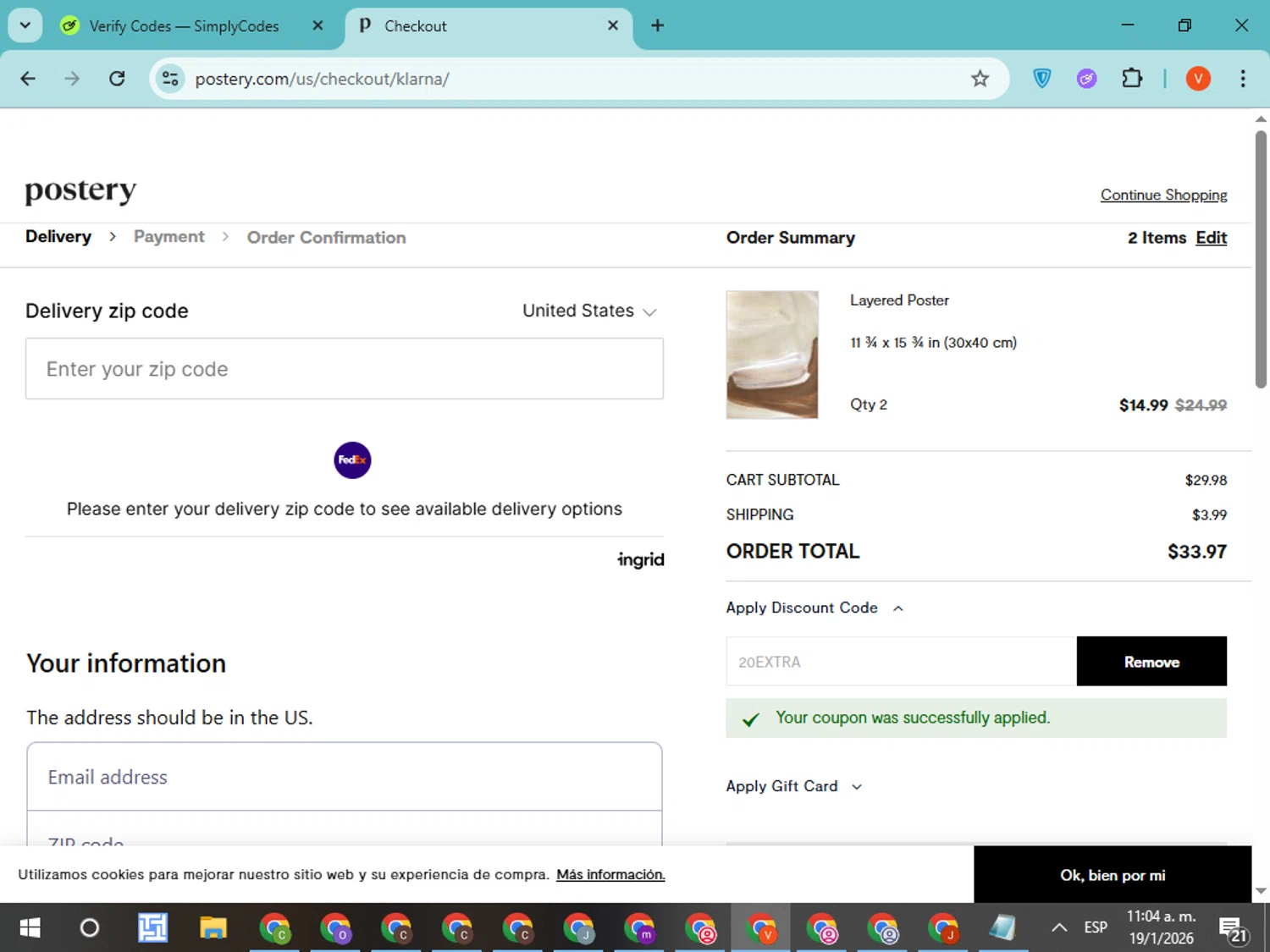 Postery checkout page showing Postery discount code box | Screenshot taken by SimplyCodes community member on Jan 19, 2026