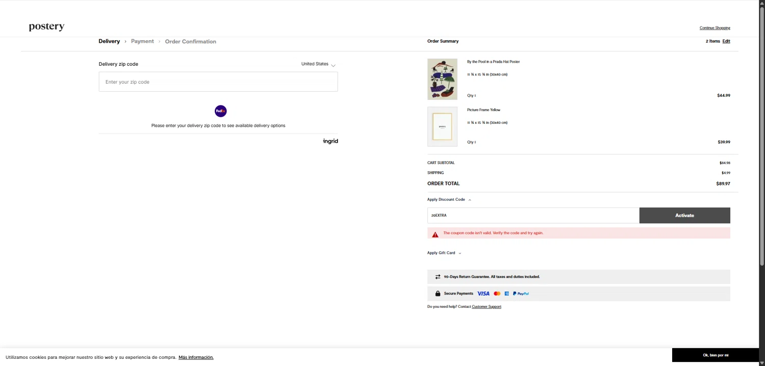Postery discount code screenshot showing code 20EXTRA applied at Postery checkout page. Uploaded by SimplyCodes community member QuestKnight7206 on Jan 16, 2026