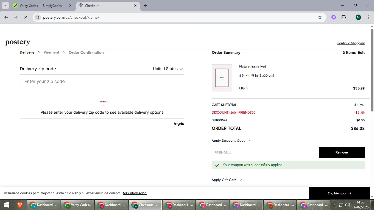 Postery discount code screenshot showing code FRIENDS20 applied at Postery checkout page. Uploaded by SimplyCodes community member suieeloves on Feb 6, 2026