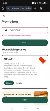 Postmates coupon verification screenshot