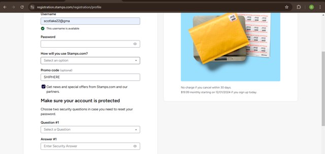 Stamps.com checkout page showing Stamps.com promo code box | Screenshot taken by SimplyCodes community member on Nov 1, 2024