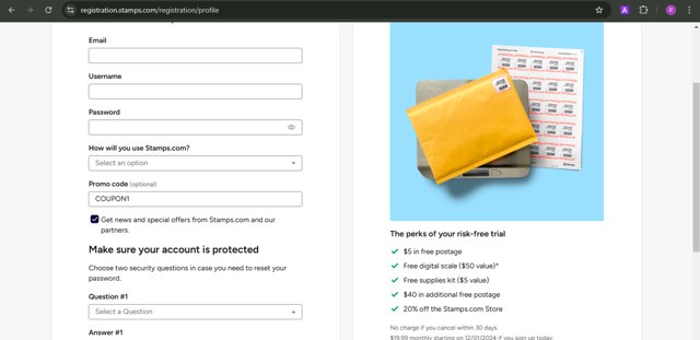 Stamps.com checkout page showing Stamps.com promo code box | Screenshot taken by SimplyCodes community member on Nov 1, 2024