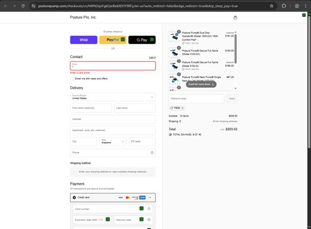 Posture Pump checkout page showing Posture Pump discount code box | Screenshot taken by SimplyCodes community member on Sep 6, 2025