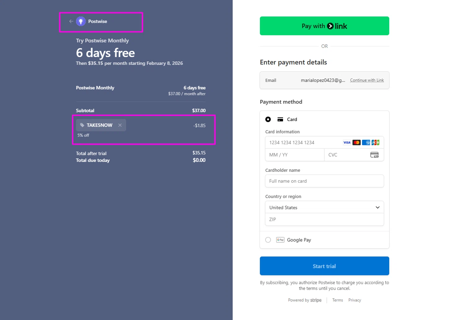 Postwise promo code screenshot showing code TAKE5NOW applied at Postwise checkout page. Uploaded by SimplyCodes community member mrdarcy on Feb 1, 2026