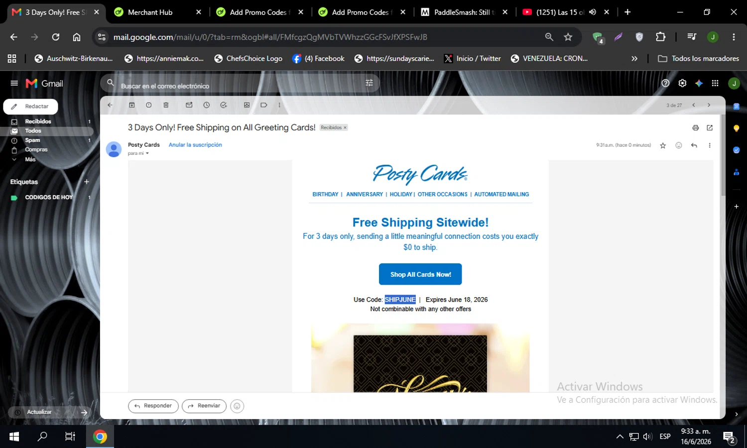 Posty Cards promo code screenshot showing code SHIPJUNE applied at Posty Cards checkout page. Uploaded by SimplyCodes community member Codehunter on Jun 16, 2026