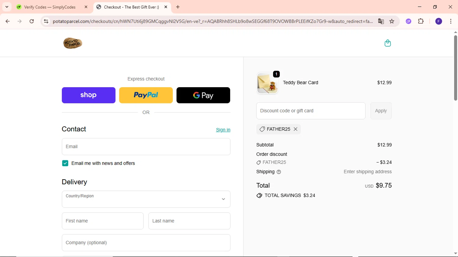 Potato Parcel promo code screenshot showing code FATHER25 applied at Potato Parcel checkout page. Uploaded by SimplyCodes community member MightyCaptain635 on Jan 11, 2026