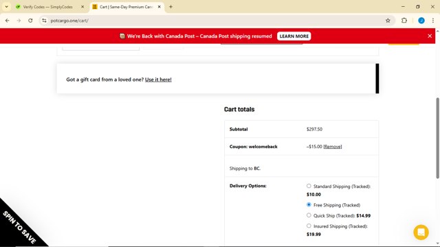 Pot Cargo checkout page showing Pot Cargo promo code box | Screenshot taken by SimplyCodes community member on Jul 1, 2025