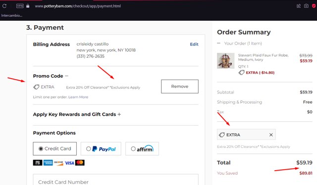 Pottery Barn checkout page showing Pottery Barn promo code box | Screenshot taken by SimplyCodes community member on Jan 30, 2024