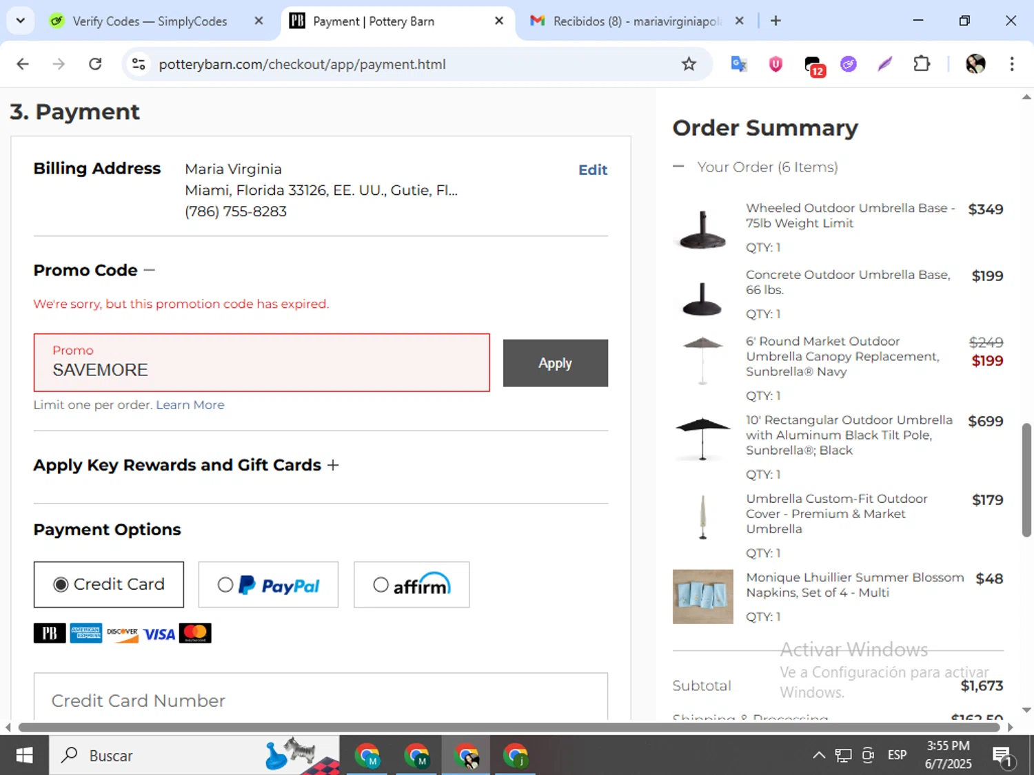 Pottery Barn promo code screenshot showing code SAVEMORE applied at Pottery Barn checkout page. Uploaded by SimplyCodes community member mariapolancog on Jun 7, 2025