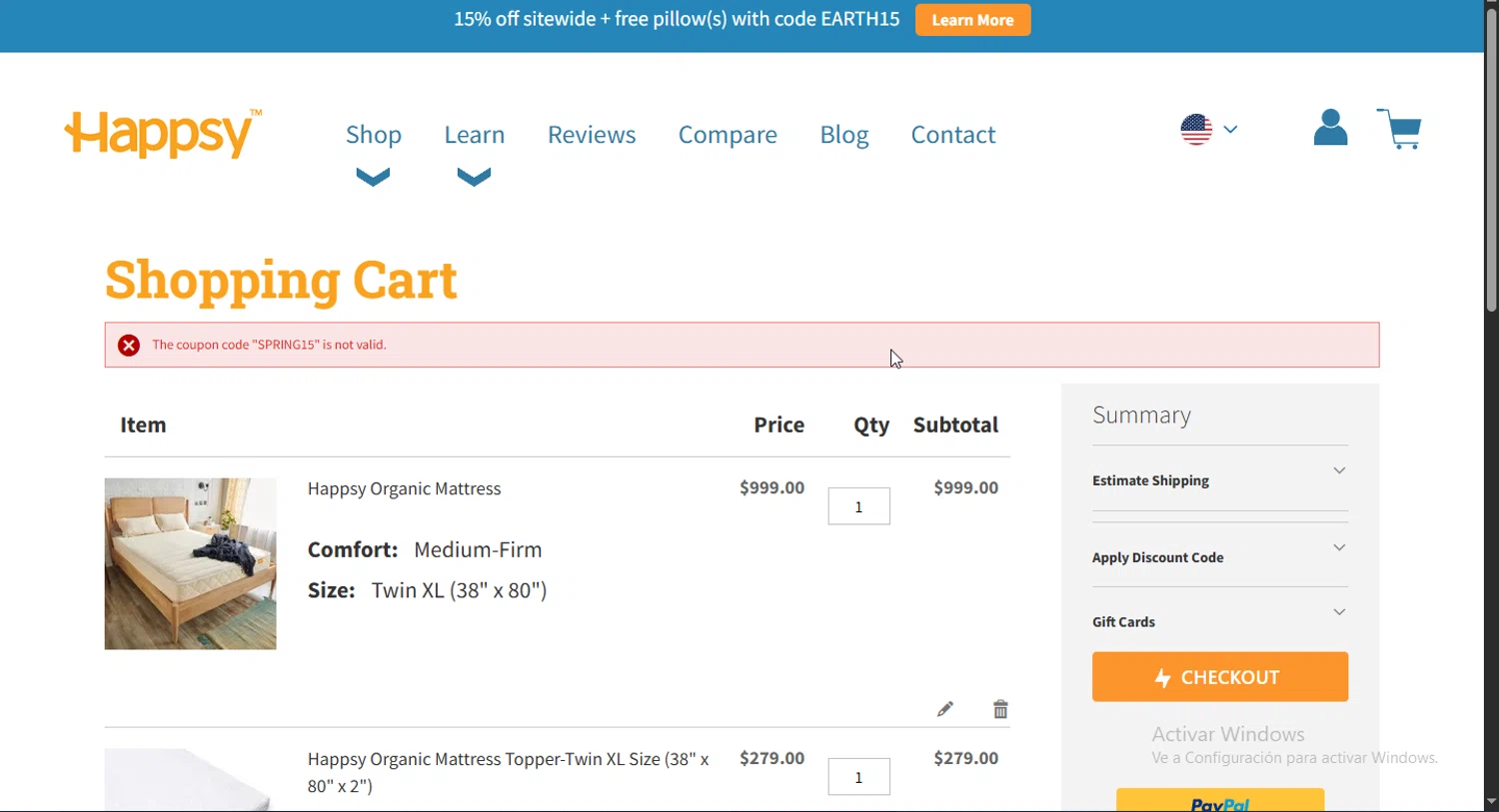Pottery Barn promo code screenshot showing code happy applied at Pottery Barn checkout page. Uploaded by SimplyCodes community member GoldMonarch7280 on Apr 5, 2025