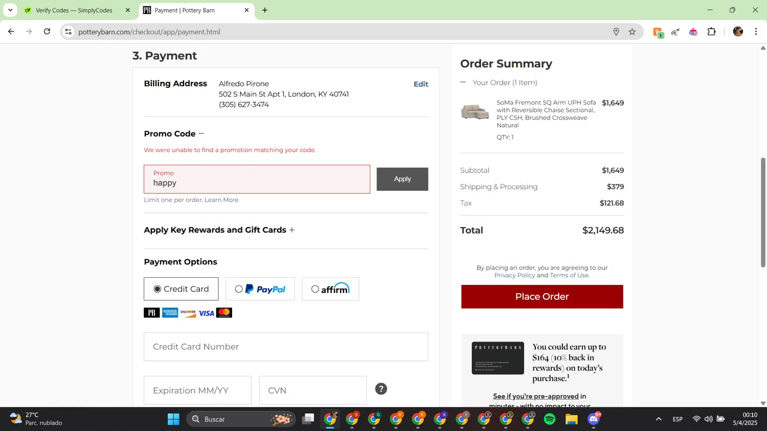 Pottery Barn promo code screenshot showing code happy applied at Pottery Barn checkout page. Uploaded by SimplyCodes community member alfredish on Apr 5, 2025