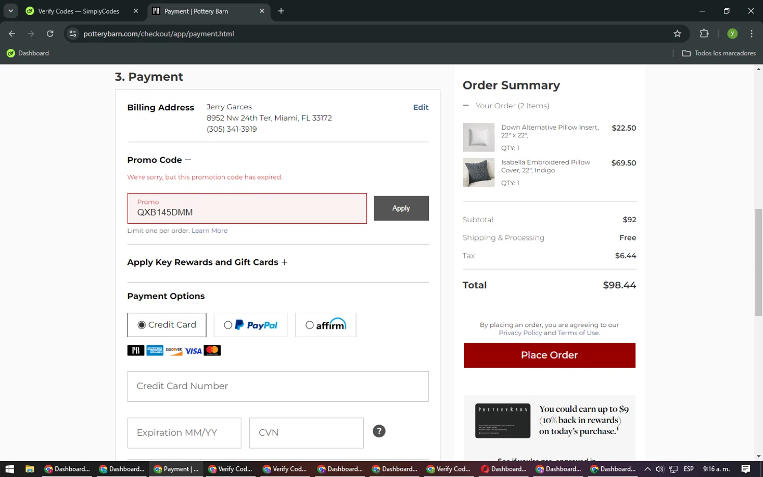 Pottery Barn promo code screenshot showing code QXB145DMM applied at Pottery Barn checkout page. Uploaded by SimplyCodes community member NobleMaestro676 on Jan 28, 2025