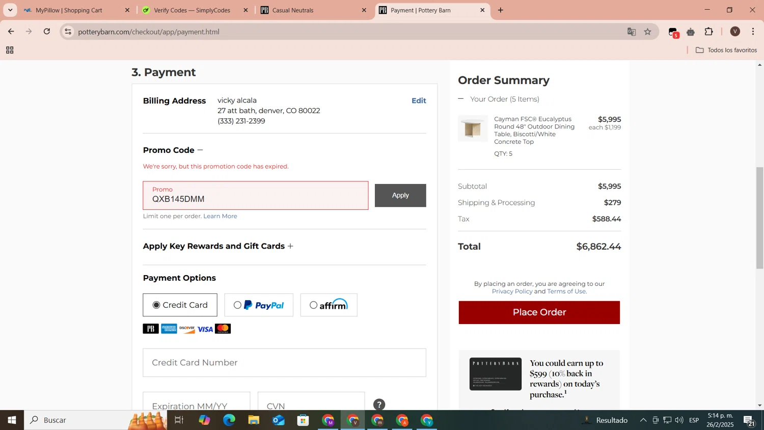 Pottery Barn promo code screenshot showing code QXB145DMM applied at Pottery Barn checkout page. Uploaded by SimplyCodes community member CoinLegend1707 on Feb 26, 2025