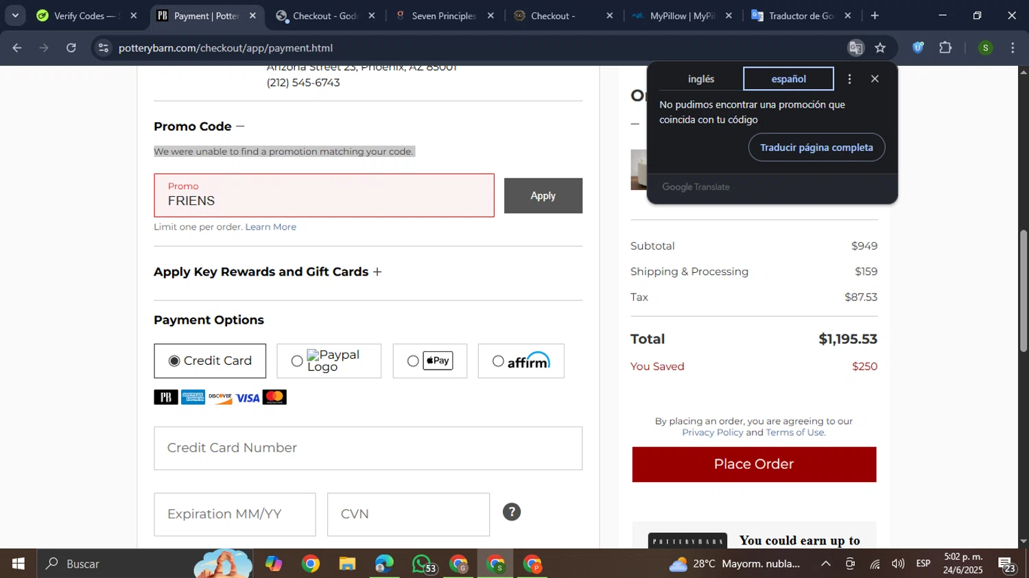 Pottery Barn promo code screenshot showing code FRIENS applied at Pottery Barn checkout page. Uploaded by SimplyCodes community member RewardMaverick445 on Jun 24, 2025