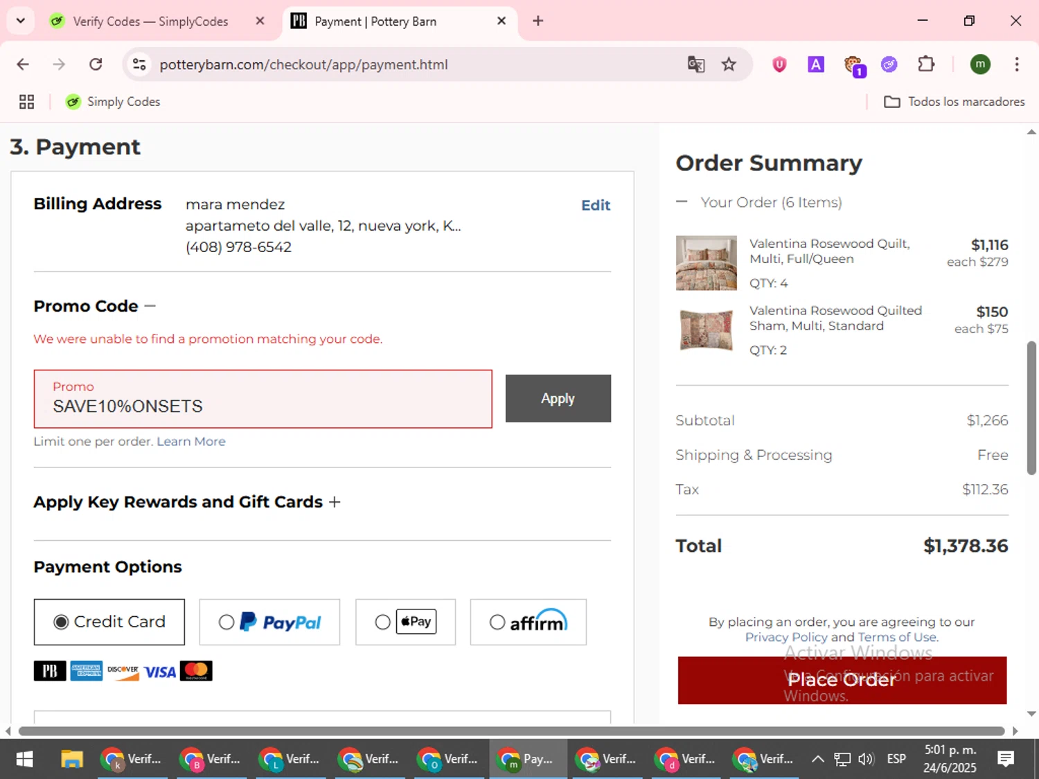 Pottery Barn promo code screenshot showing code SAVE10%ONSETS applied at Pottery Barn checkout page. Uploaded by SimplyCodes community member VoucherCollector9196 on Jun 24, 2025