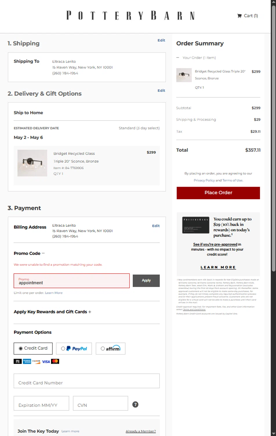 Pottery Barn promo code screenshot showing code appointment applied at Pottery Barn checkout page. Uploaded by SimplyCodes community member Myrulesmagazine23 on Apr 29, 2025