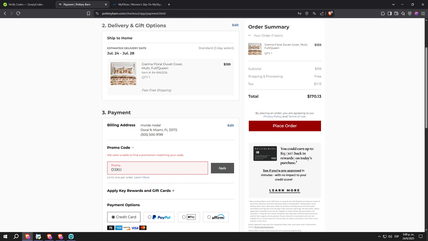Pottery Barn promo code screenshot showing code D3XU applied at Pottery Barn checkout page. Uploaded by SimplyCodes community member SpeeDFast on Jun 24, 2025