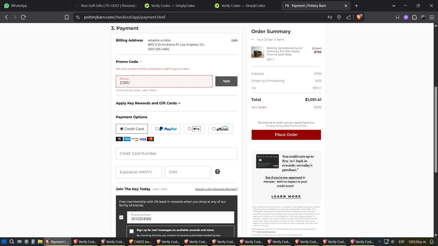 Pottery Barn promo code screenshot showing code D3XU applied at Pottery Barn checkout page. Uploaded by SimplyCodes community member SimplyGOAT on Jun 24, 2025