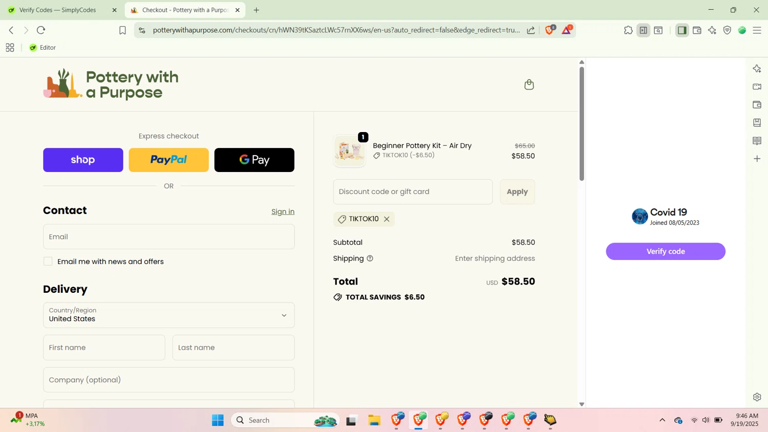 Pottery With A Purpose promo code screenshot showing code TIKTOK10 applied at Pottery With A Purpose checkout page. Uploaded by SimplyCodes community member Covid19 on Sep 19, 2025