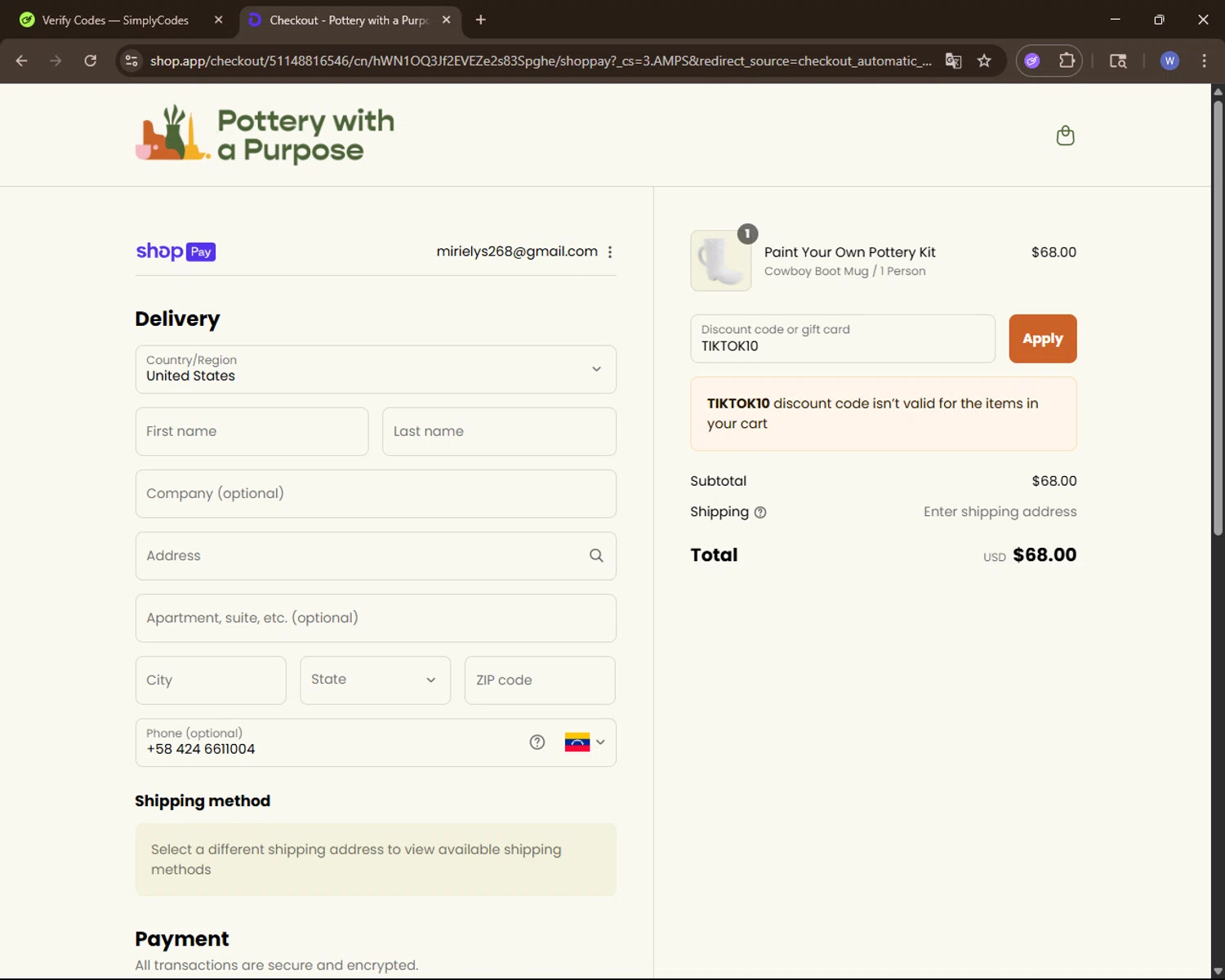 Pottery With A Purpose promo code screenshot showing code TIKTOK10 applied at Pottery With A Purpose checkout page. Uploaded by SimplyCodes community member VoucherElite7352 on Aug 4, 2025