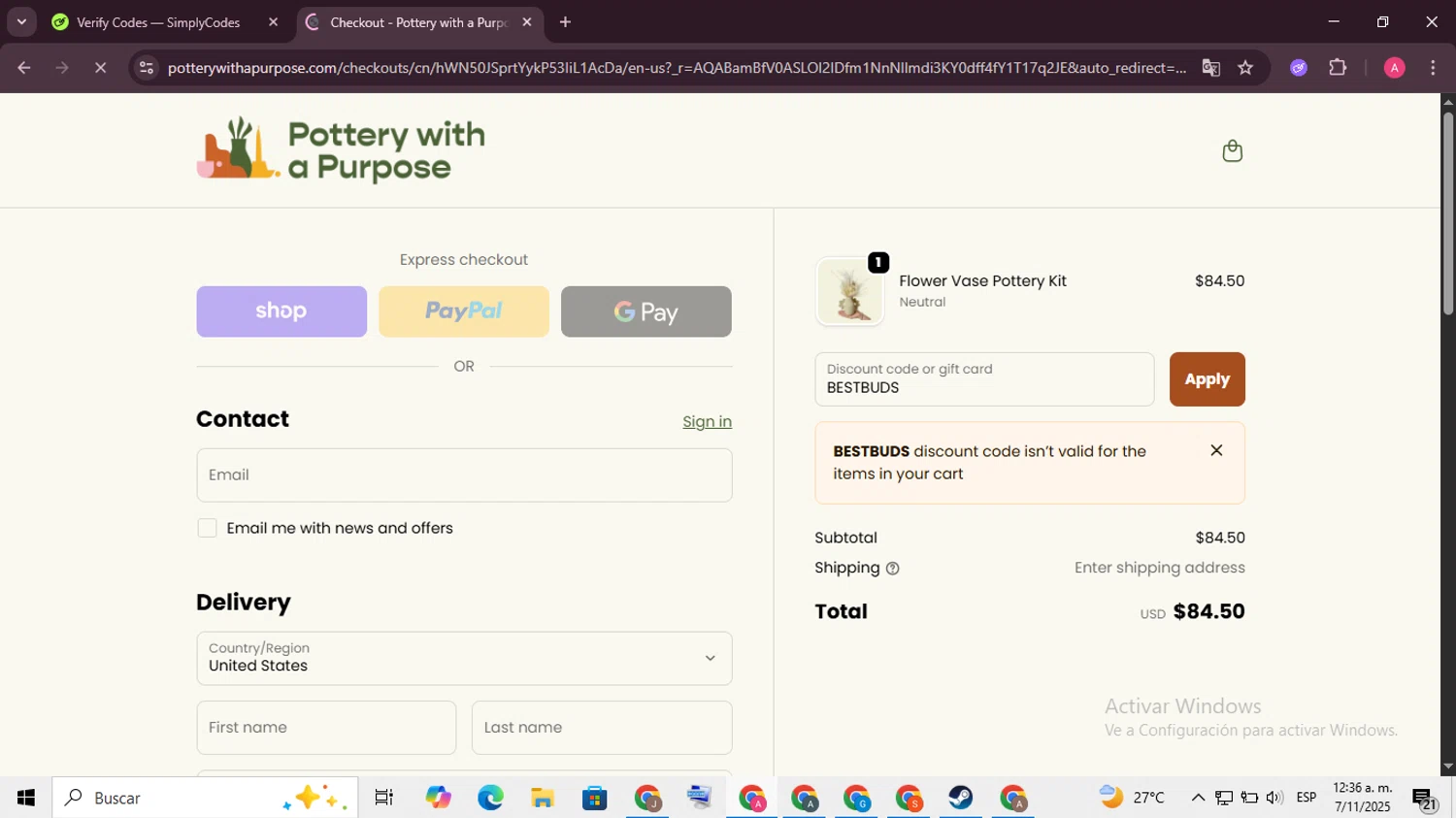 Pottery With A Purpose promo code screenshot showing code BESTBUDS applied at Pottery With A Purpose checkout page. Uploaded by SimplyCodes community member SaleScholar6713 on Nov 7, 2025