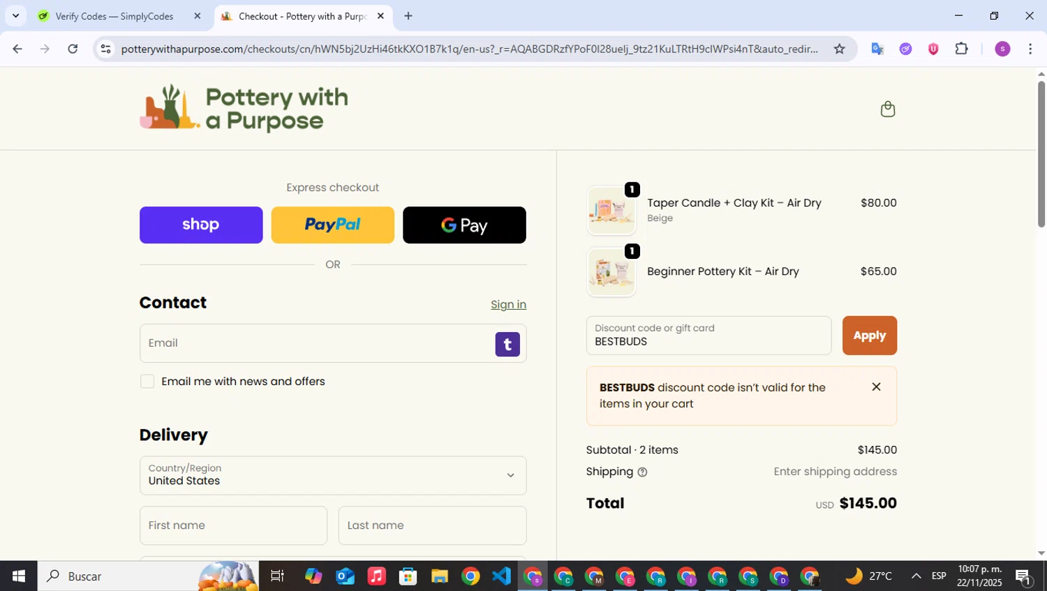 Pottery With A Purpose promo code screenshot showing code BESTBUDS applied at Pottery With A Purpose checkout page. Uploaded by SimplyCodes community member WonderPioneer5062 on Nov 23, 2025