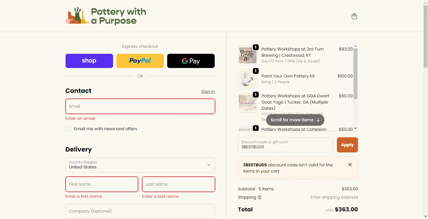 Pottery With A Purpose promo code screenshot showing code 3BESTBUDS applied at Pottery With A Purpose checkout page. Uploaded by SimplyCodes community member BonusFox1297 on Nov 12, 2025