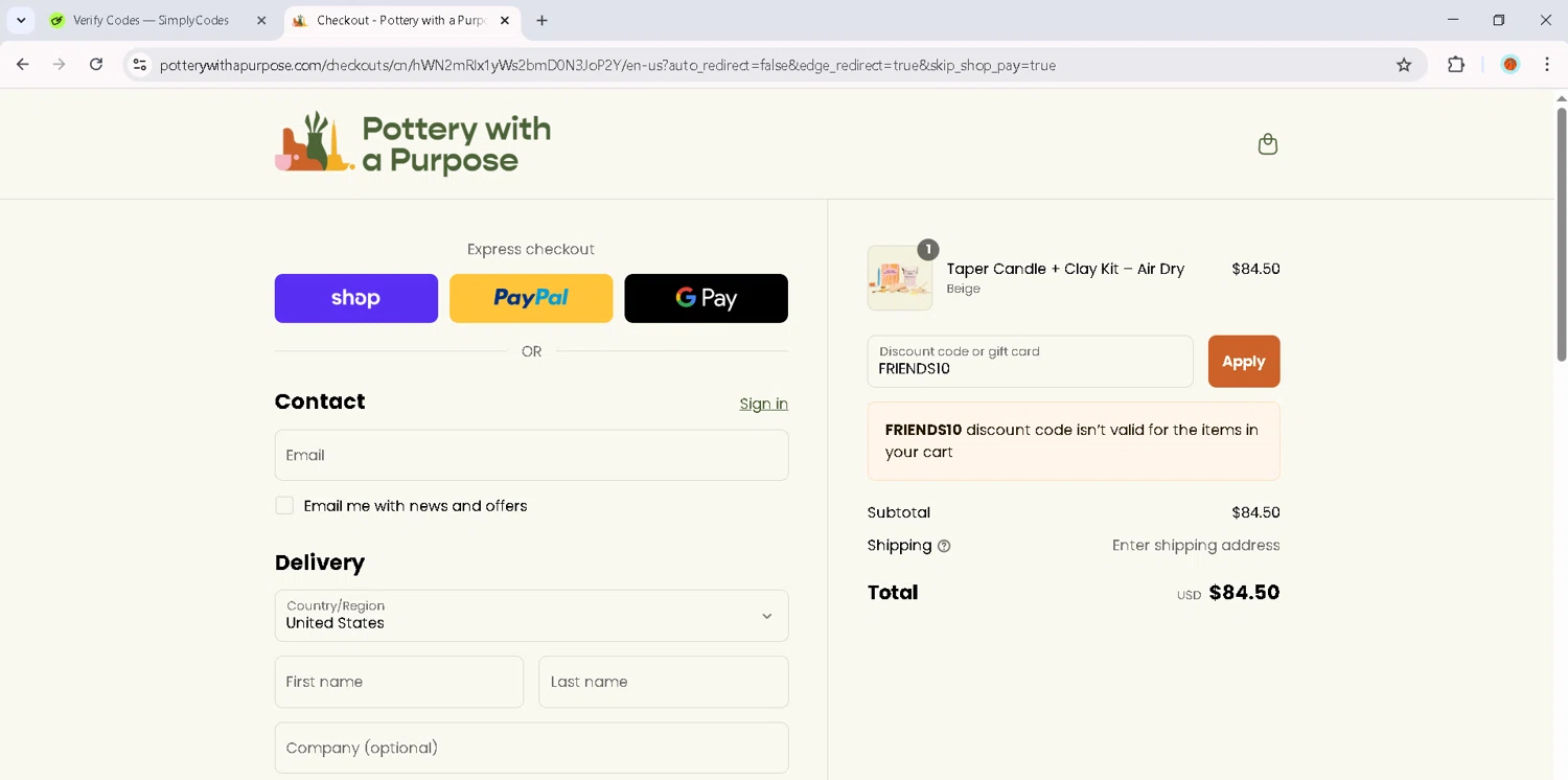 Pottery With A Purpose promo code screenshot showing code FRIENDS10 applied at Pottery With A Purpose checkout page. Uploaded by SimplyCodes community member RoyalMaverick7546 on Sep 9, 2025