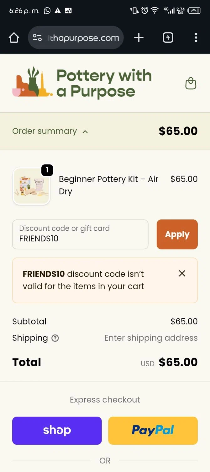 Pottery With A Purpose promo code screenshot showing code FRIENDS10 applied at Pottery With A Purpose checkout page. Uploaded by SimplyCodes community member ashe1986 on Oct 25, 2025