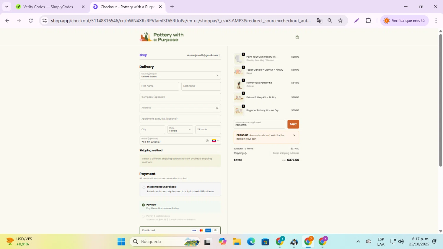 Pottery With A Purpose promo code screenshot showing code FRIENDS10 applied at Pottery With A Purpose checkout page. Uploaded by SimplyCodes community member jesusalvarez1 on Oct 25, 2025