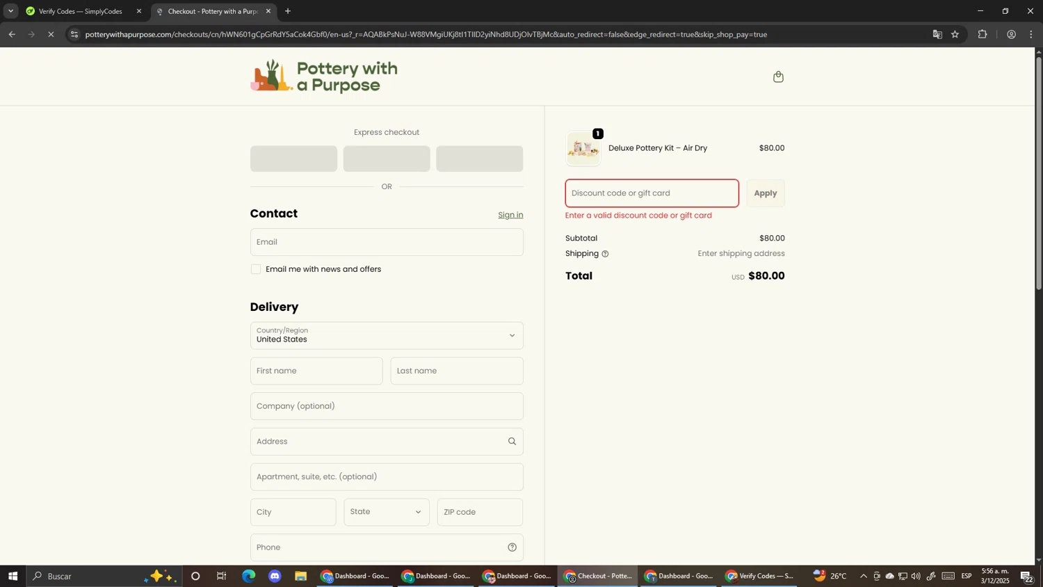 Pottery With A Purpose promo code screenshot showing code bogo50bf applied at Pottery With A Purpose checkout page. Uploaded by SimplyCodes community member Pirlo420 on Dec 3, 2025