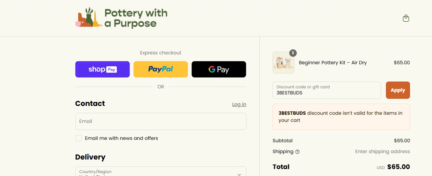 Pottery With A Purpose promo code screenshot showing code 3BESTBUDS applied at Pottery With A Purpose checkout page. Uploaded by SimplyCodes community member ashe1986 on Jul 14, 2025