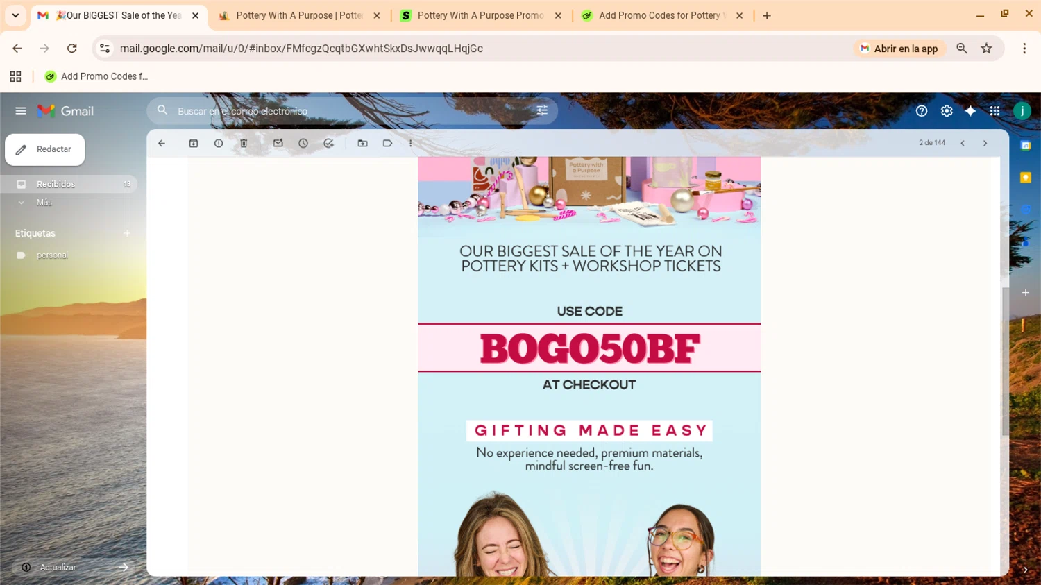 Pottery With A Purpose promo code screenshot showing code bogo50bf applied at Pottery With A Purpose checkout page. Uploaded by SimplyCodes community member yennifergonzalez on Nov 18, 2025
