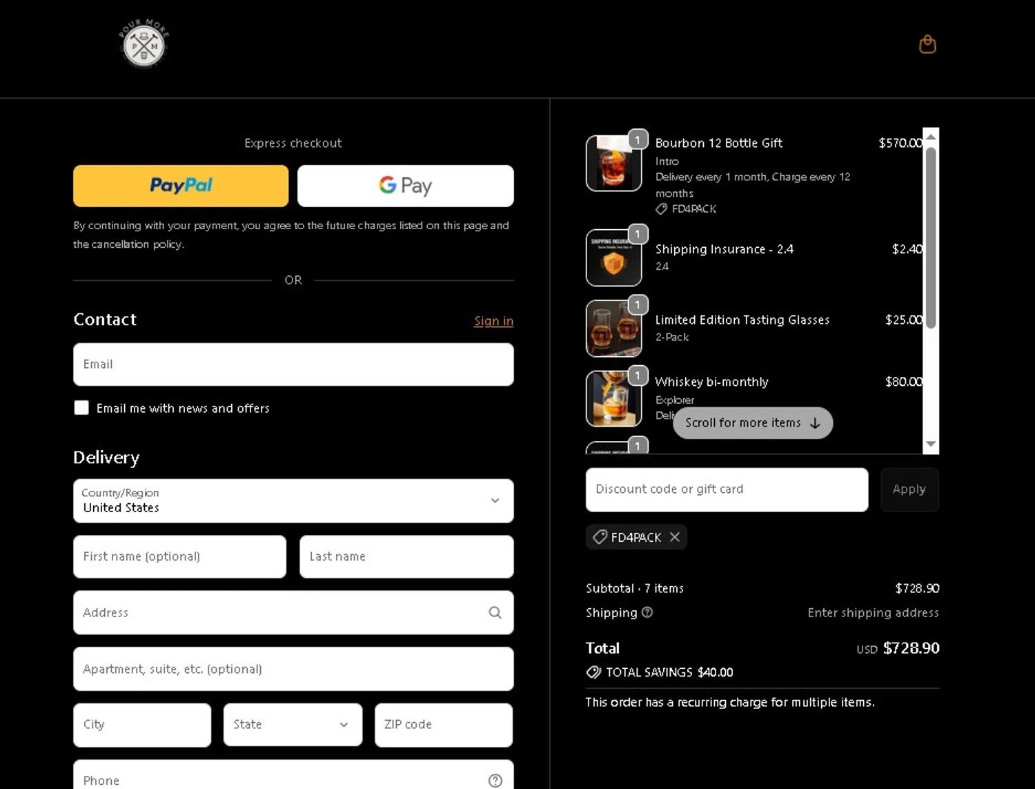 Pour More promo code screenshot showing code FD4PACK applied at Pour More checkout page. Uploaded by SimplyCodes community member LAMINEJAMAL on Jun 17, 2026