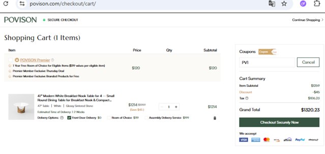 Povison checkout page showing Povison discount code box | Screenshot taken by SimplyCodes community member on Aug 23, 2025