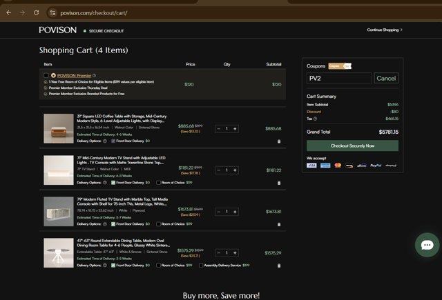 Povison checkout page showing Povison discount code box | Screenshot taken by SimplyCodes community member on Aug 8, 2025