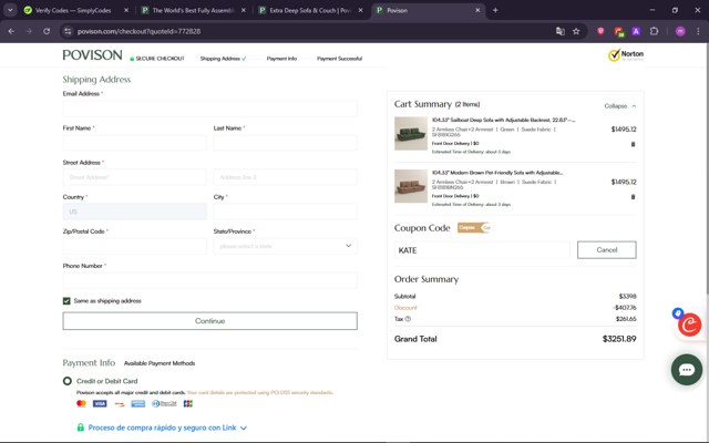 Povison checkout page showing Povison discount code box | Screenshot taken by SimplyCodes community member on Sep 3, 2025