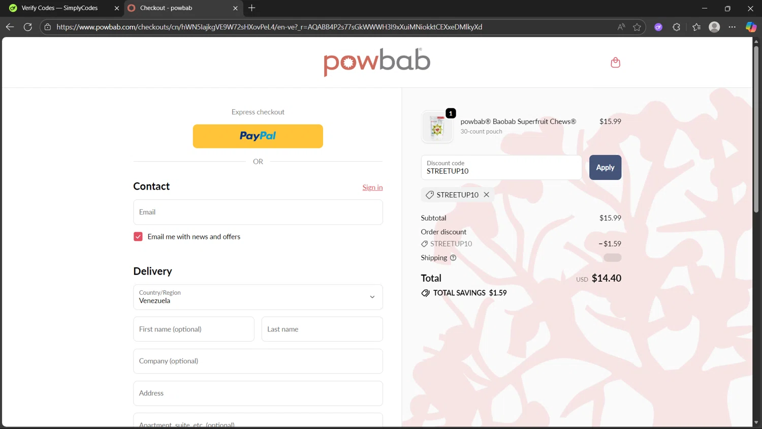 powbab promo code screenshot showing code STREETUP10 applied at powbab checkout page. Uploaded by SimplyCodes community member _Flash_ on Nov 14, 2025