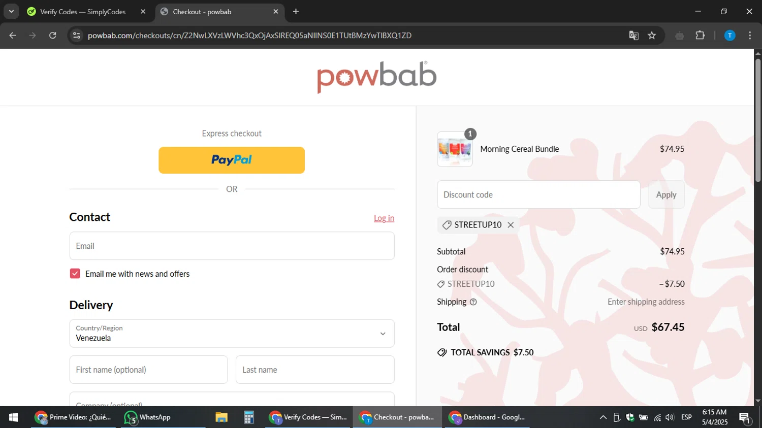 powbab promo code screenshot showing code STREETUP10 applied at powbab checkout page. Uploaded by SimplyCodes community member hankt1521 on May 4, 2025