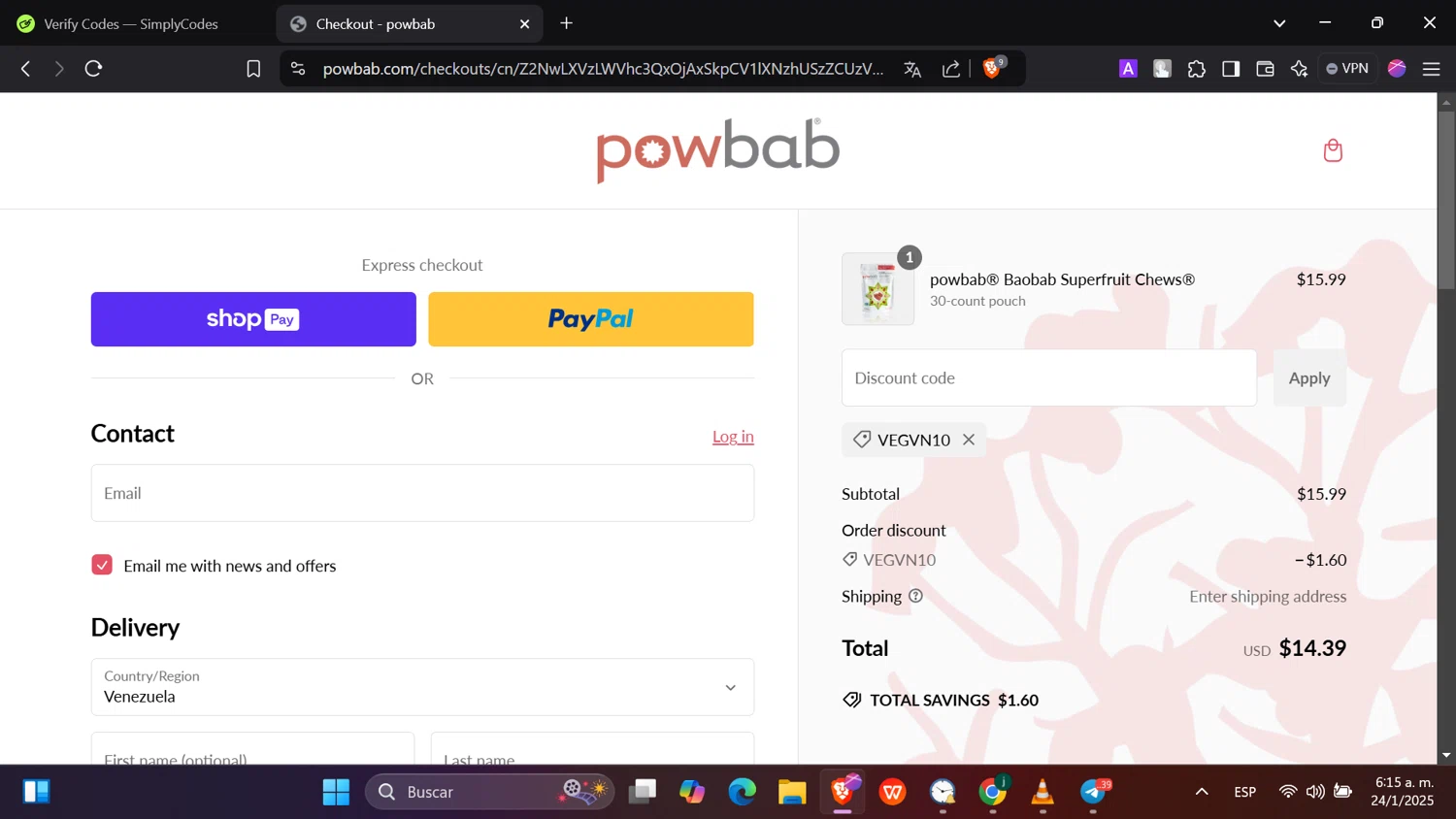 powbab promo code screenshot showing code VEGVN10 applied at powbab checkout page. Uploaded by SimplyCodes community member hanzell2 on Jan 24, 2025