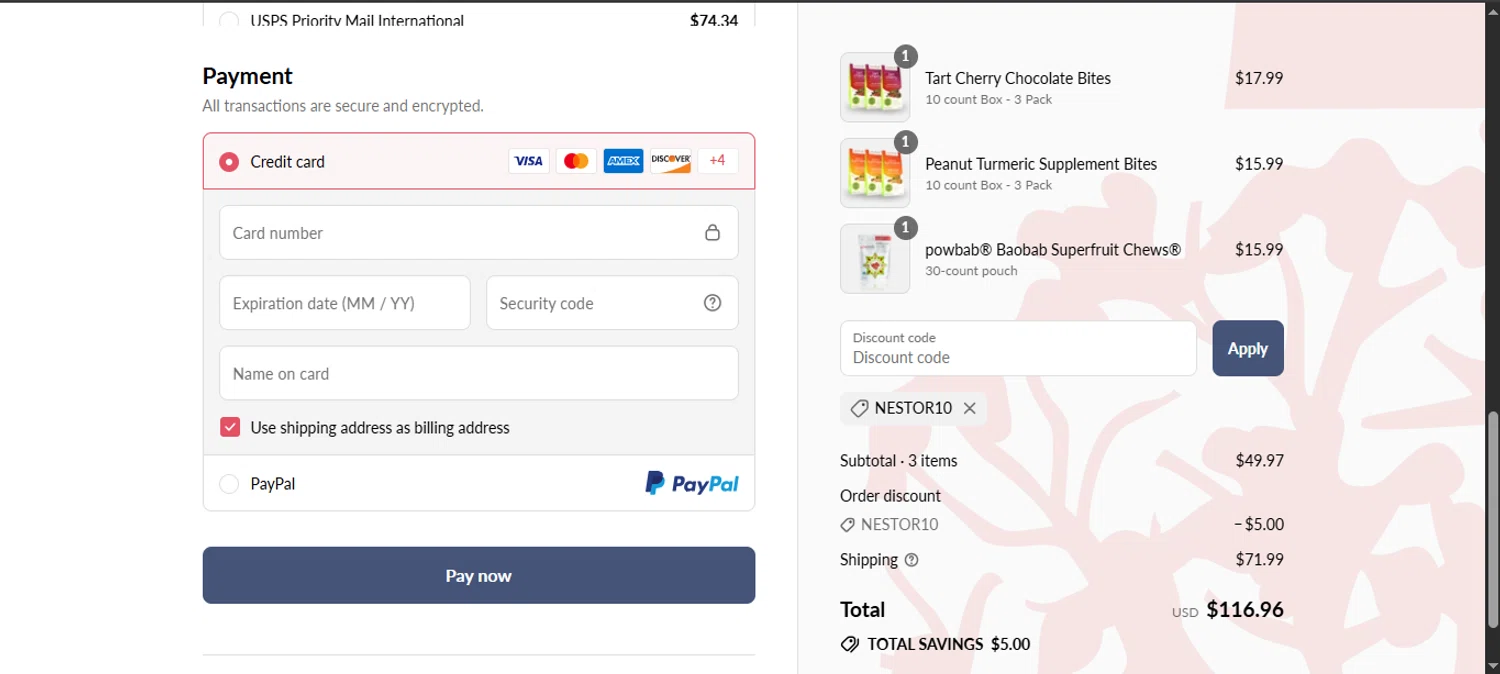 powbab promo code screenshot showing code NESTOR10 applied at powbab checkout page. Uploaded by SimplyCodes community member noworries on Jul 19, 2025