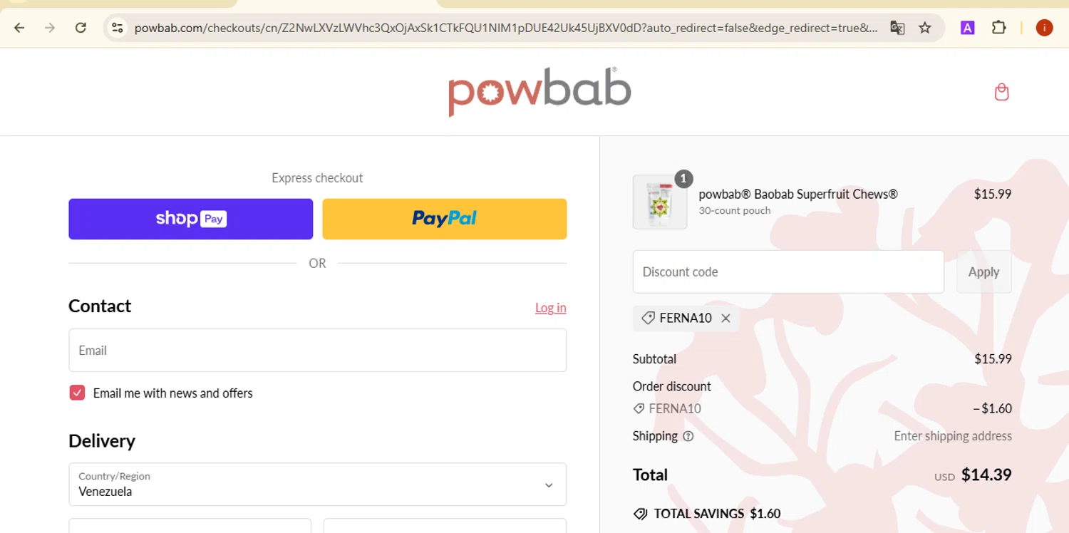 powbab promo code screenshot showing code FERNA10 applied at powbab checkout page. Uploaded by SimplyCodes community member SmartMaestro6853 on Feb 18, 2025