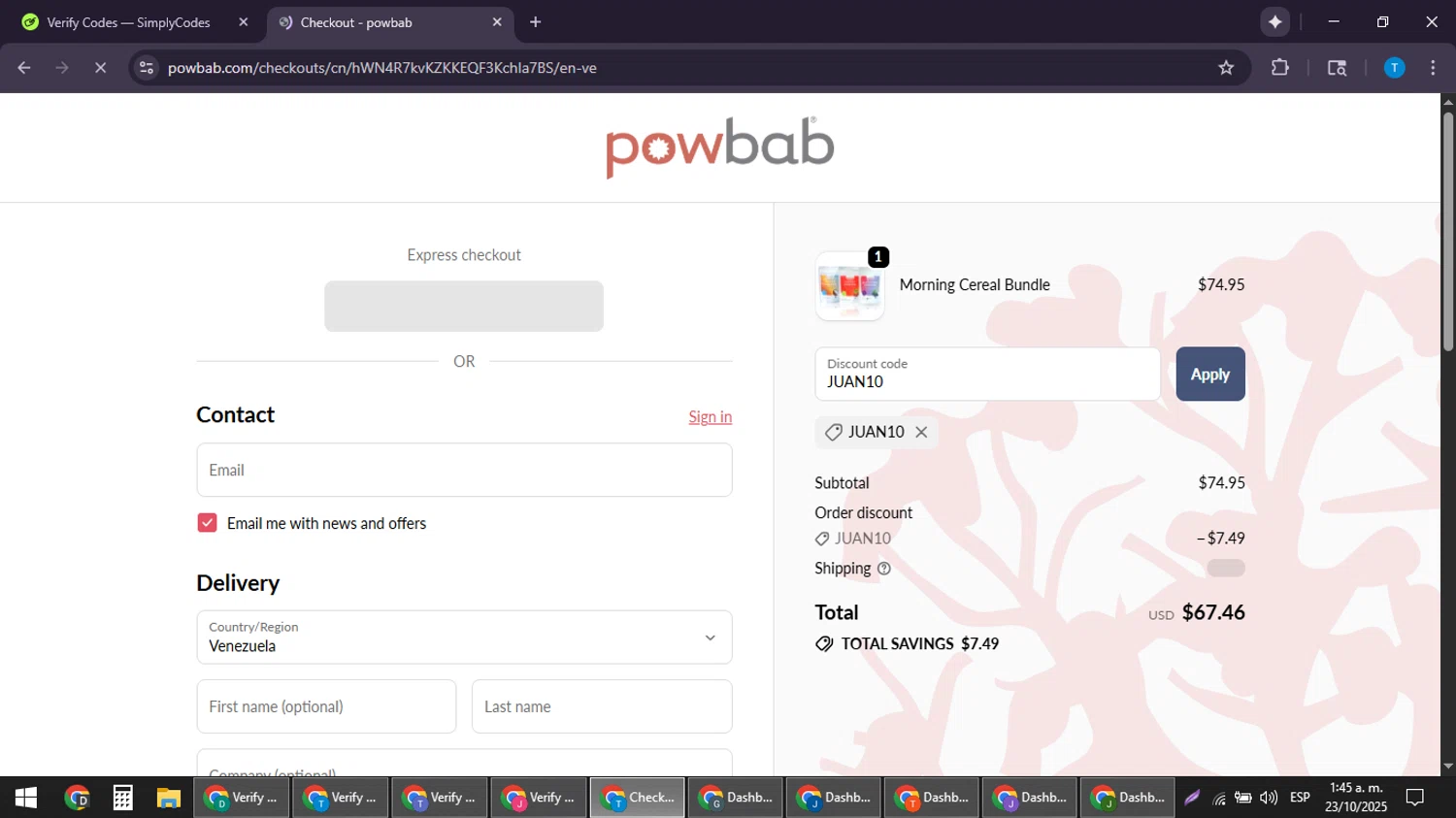 powbab promo code screenshot showing code JUAN10 applied at powbab checkout page. Uploaded by SimplyCodes community member LuckyPioneer4530 on Oct 23, 2025