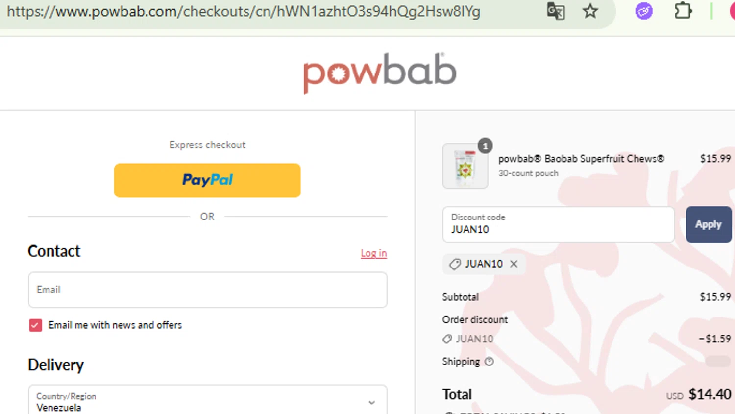 powbab promo code screenshot showing code JUAN10 applied at powbab checkout page. Uploaded by SimplyCodes community member RewardFinder4836 on Aug 9, 2025