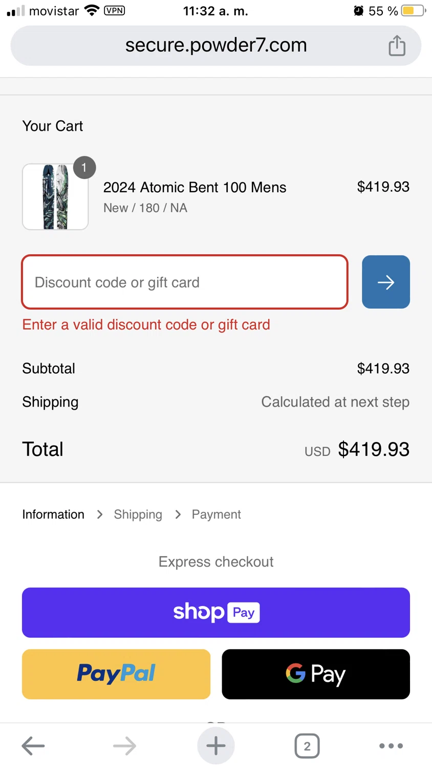 Powder7 discount code screenshot showing code 16BINDING50 applied at Powder7 checkout page. Uploaded by SimplyCodes community member ABHF23 on Mar 6, 2025
